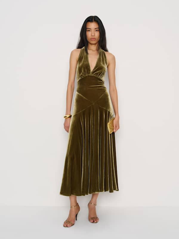 Briony Velvet Dress - Moss Garden